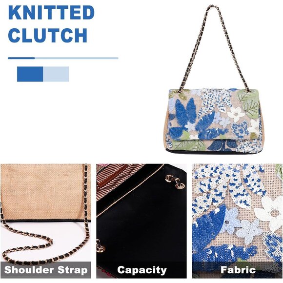 Handmade Bohemian straw tote bag with sequin embroidery blue floral perfect for - Picture 4 of 4